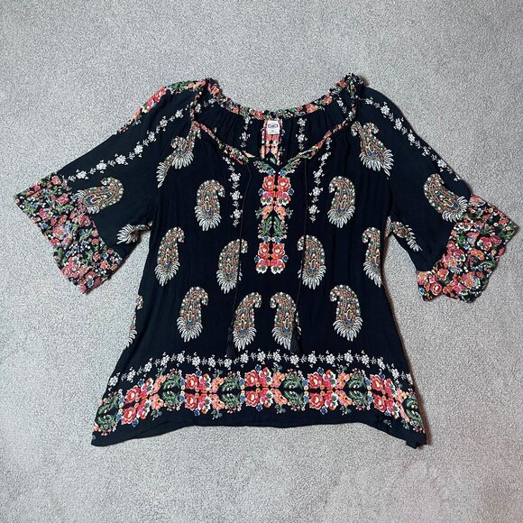 Bila Split Neck Blouse Top Boho Double Sleeve Ruffle Floral Paisley Women's XL - Picture 2 of 6